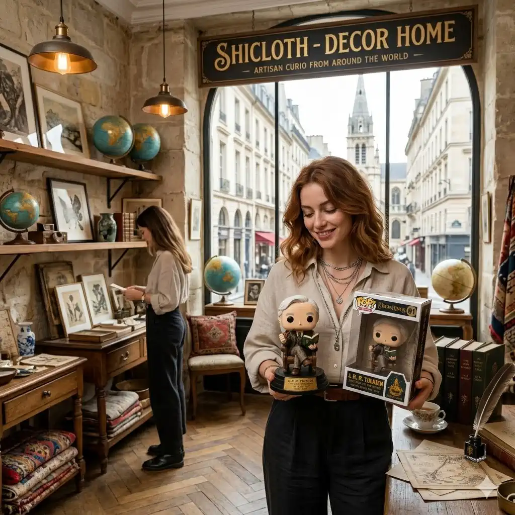 Woman holding JRR Tolkien collectible figure inside Shicloth decor home shop!
