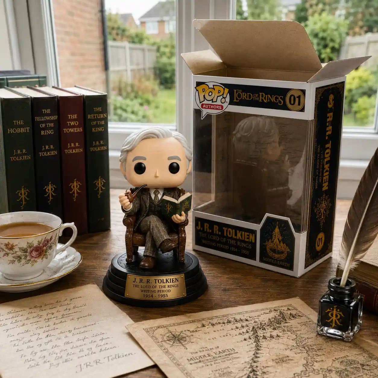 JRR Tolkien collectible figure beside Middle Earth books and map!