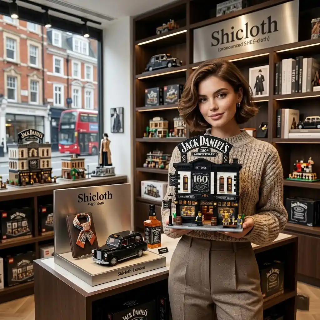 Shicloth store display featuring Jack Daniels anniversary bar building brick model!