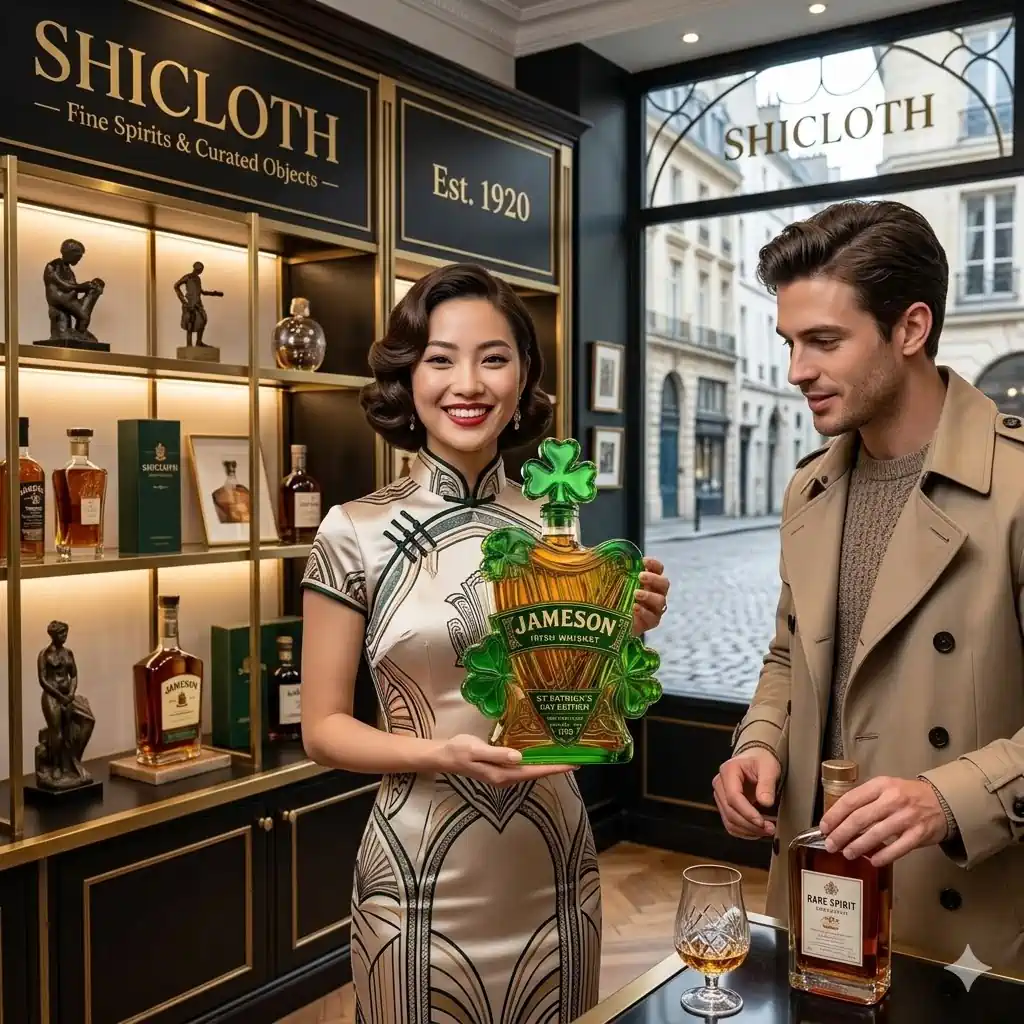 Woman holding Jameson Saint Patricks Day collectible bottle inside Shicloth luxury whiskey shop!