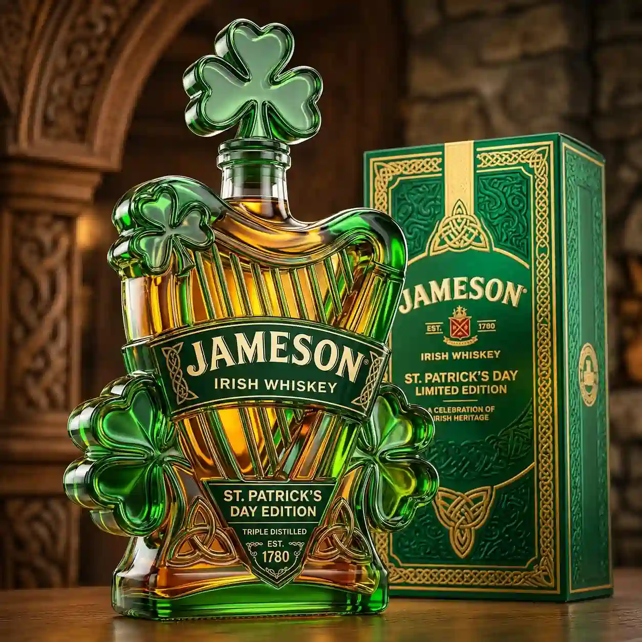 Jameson Saint Patricks Day limited edition whiskey bottle with green collector box!