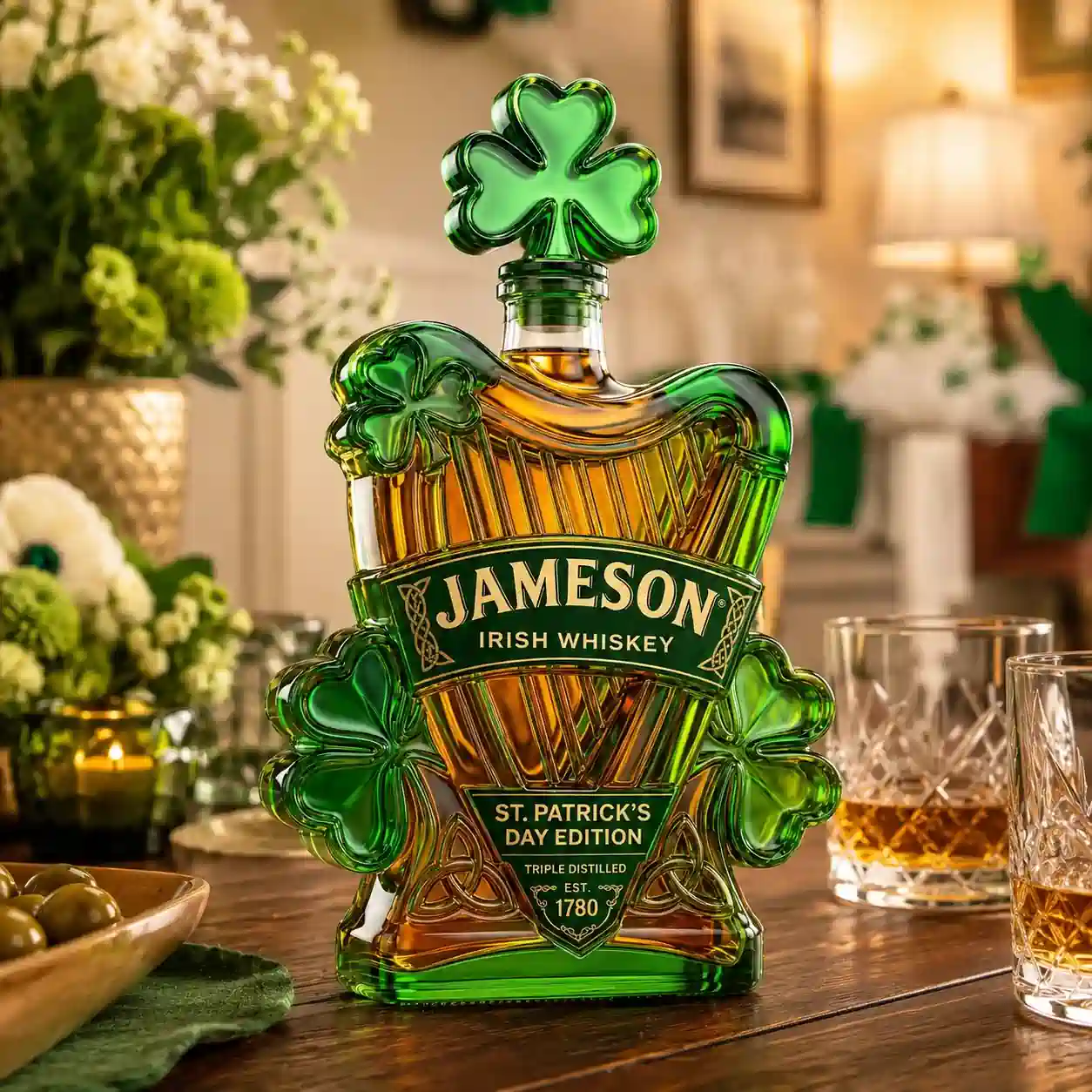 Jameson St. Patrick's Day Limited Edition Celtic Harp Irish Whiskey Collectible Bottle 3 Jameson Saint Patricks Day whiskey collectible bottle on elegant dining table!