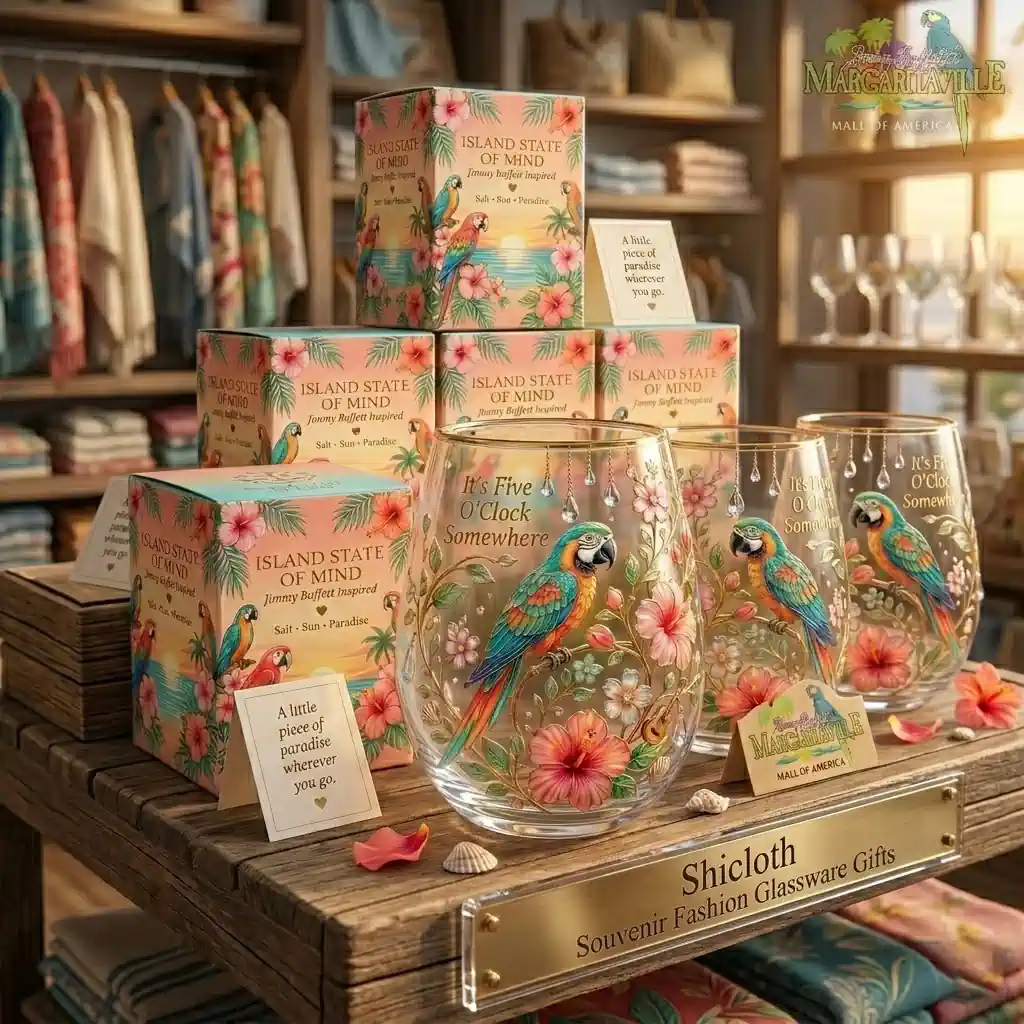 Jimmy Buffett-inspired stemless wine glasses with parrot and tropical flower designs