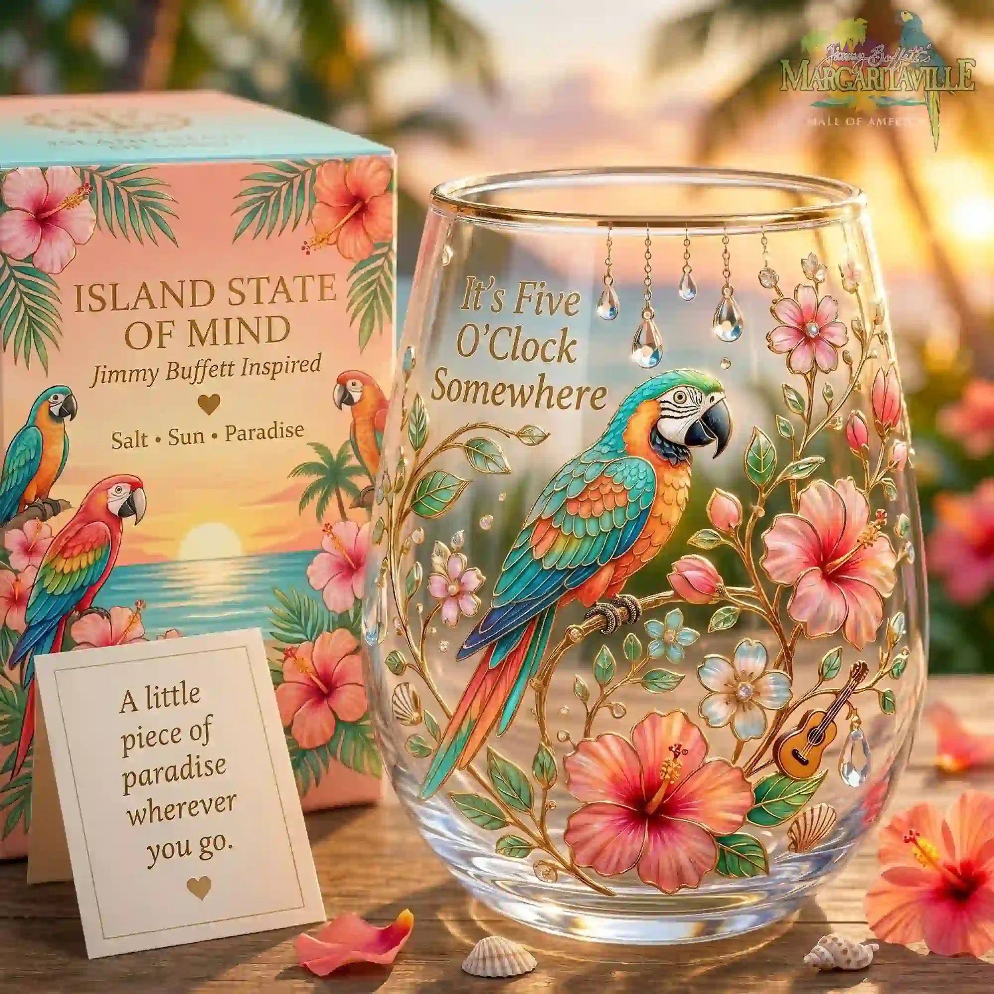 Jimmy Buffett inspired stemless wine glass featuring a tropical parrot and hibiscus design.