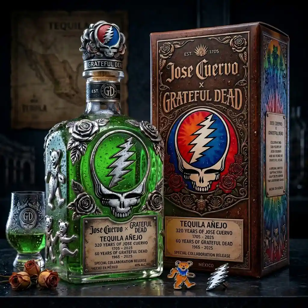 Jose Cuervo 320th x Grateful Dead 60th Anniversary Collector’s Whiskey Bottle 4 Limited edition Jose Cuervo and Grateful Dead collaboration tequila bottle and box.