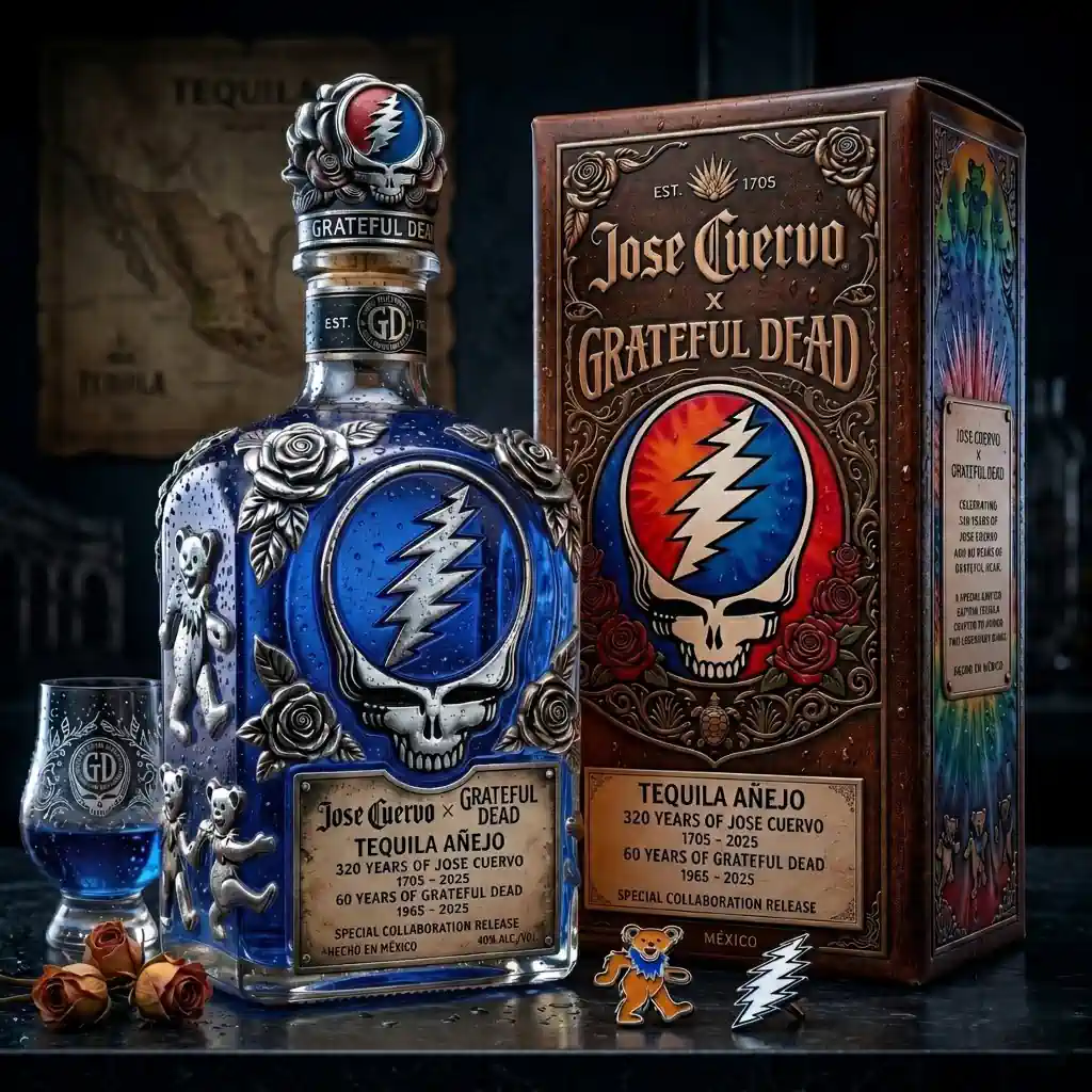 Jose Cuervo 320th x Grateful Dead 60th Anniversary Collector’s Whiskey Bottle 5 Jose Cuervo Grateful Dead limited edition Anejo tequila bottle and packaging.
