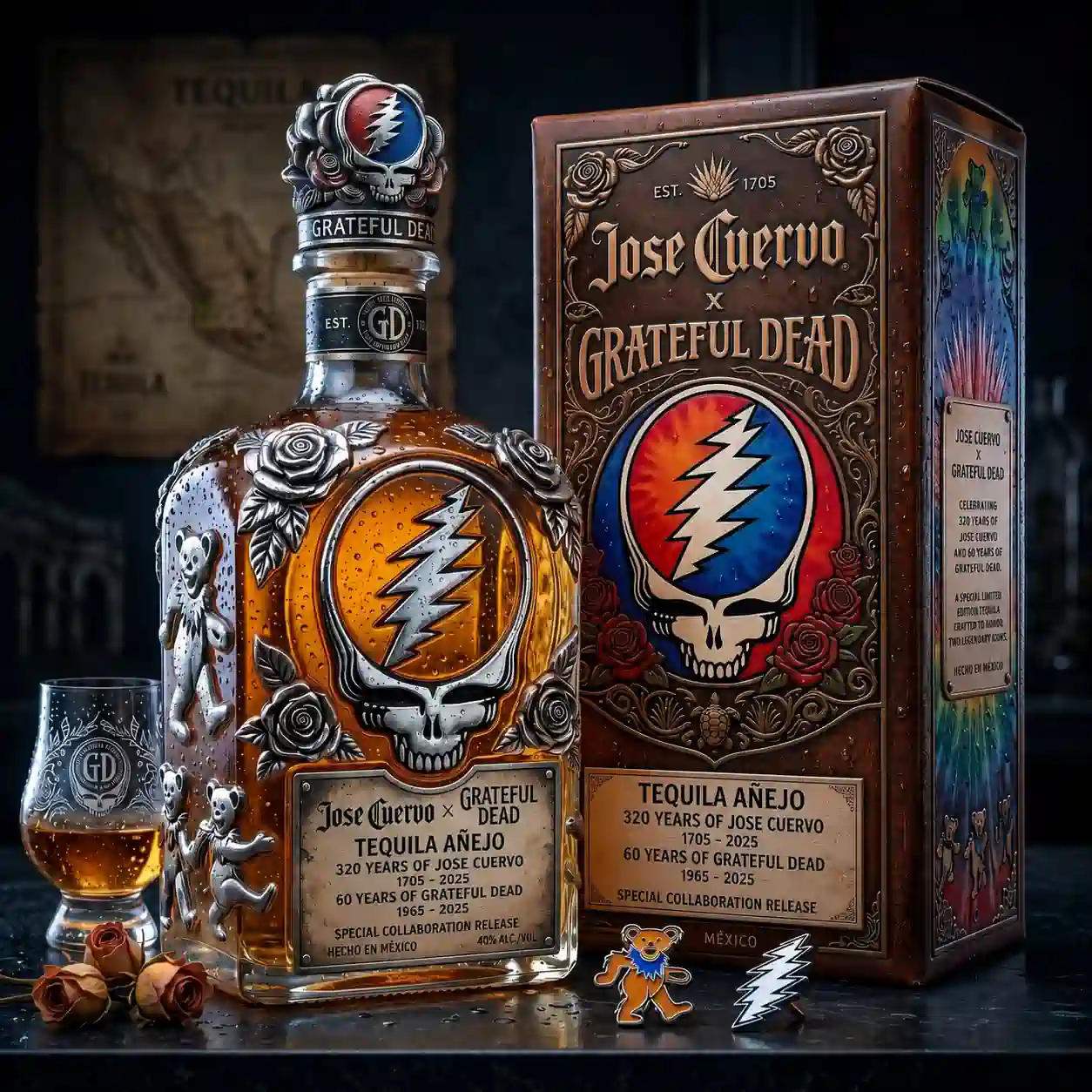 Jose Cuervo 320th x Grateful Dead 60th Anniversary Collector’s Whiskey Bottle 6 Jose Cuervo and Grateful Dead special edition tequila anejo bottle and gift box