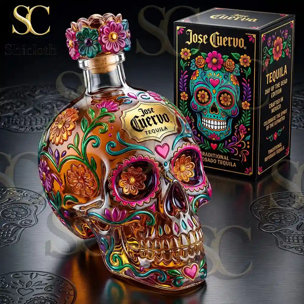 decorative skull tequila bottle with floral patterns and product box!