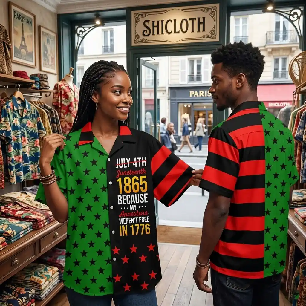 A woman and man wearing matching Juneteenth-themed shirts in a clothing store.