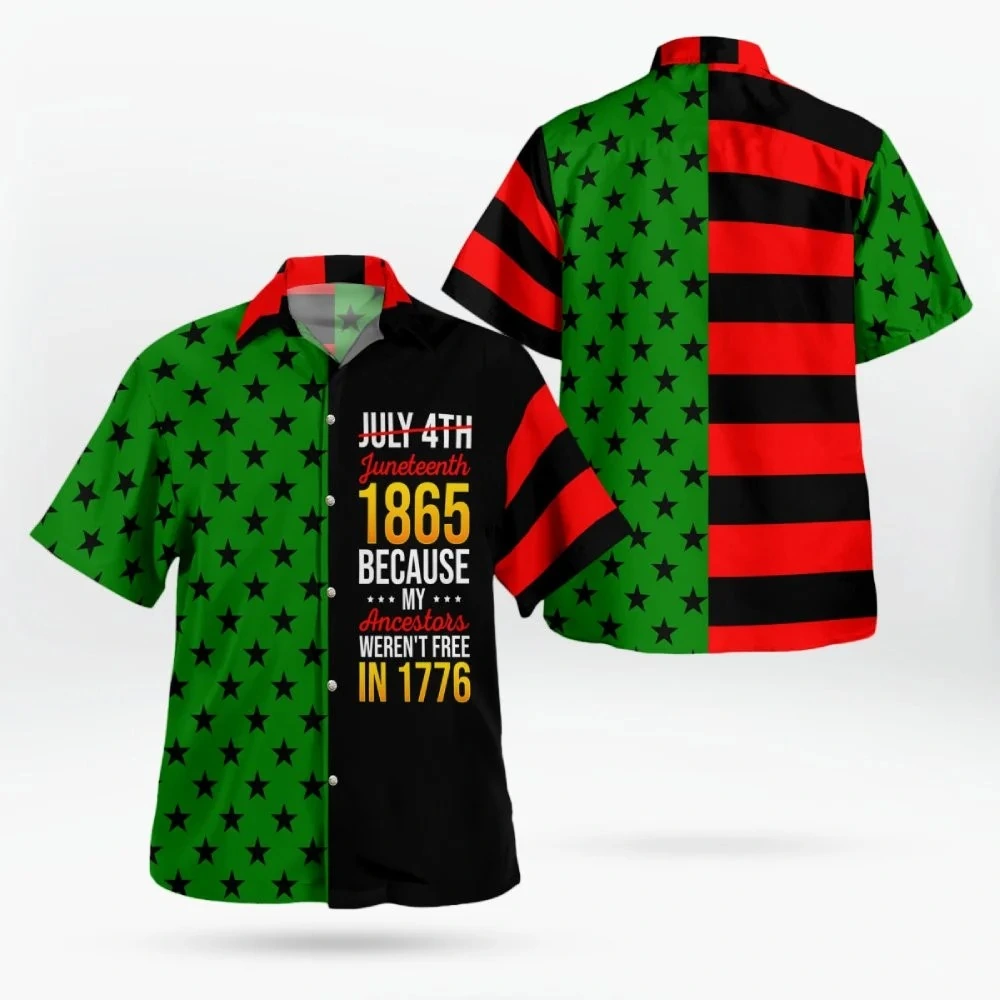 Juneteenth 1865 awareness short-sleeve button-down shirt with black stars and red, black, and green colors.