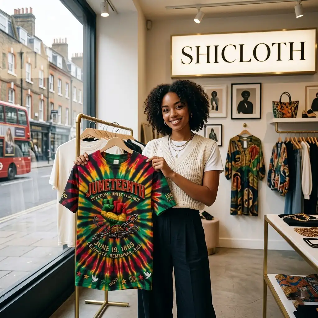 A woman holding a tie-dye Juneteenth t-shirt inside a boutique clothing store.
