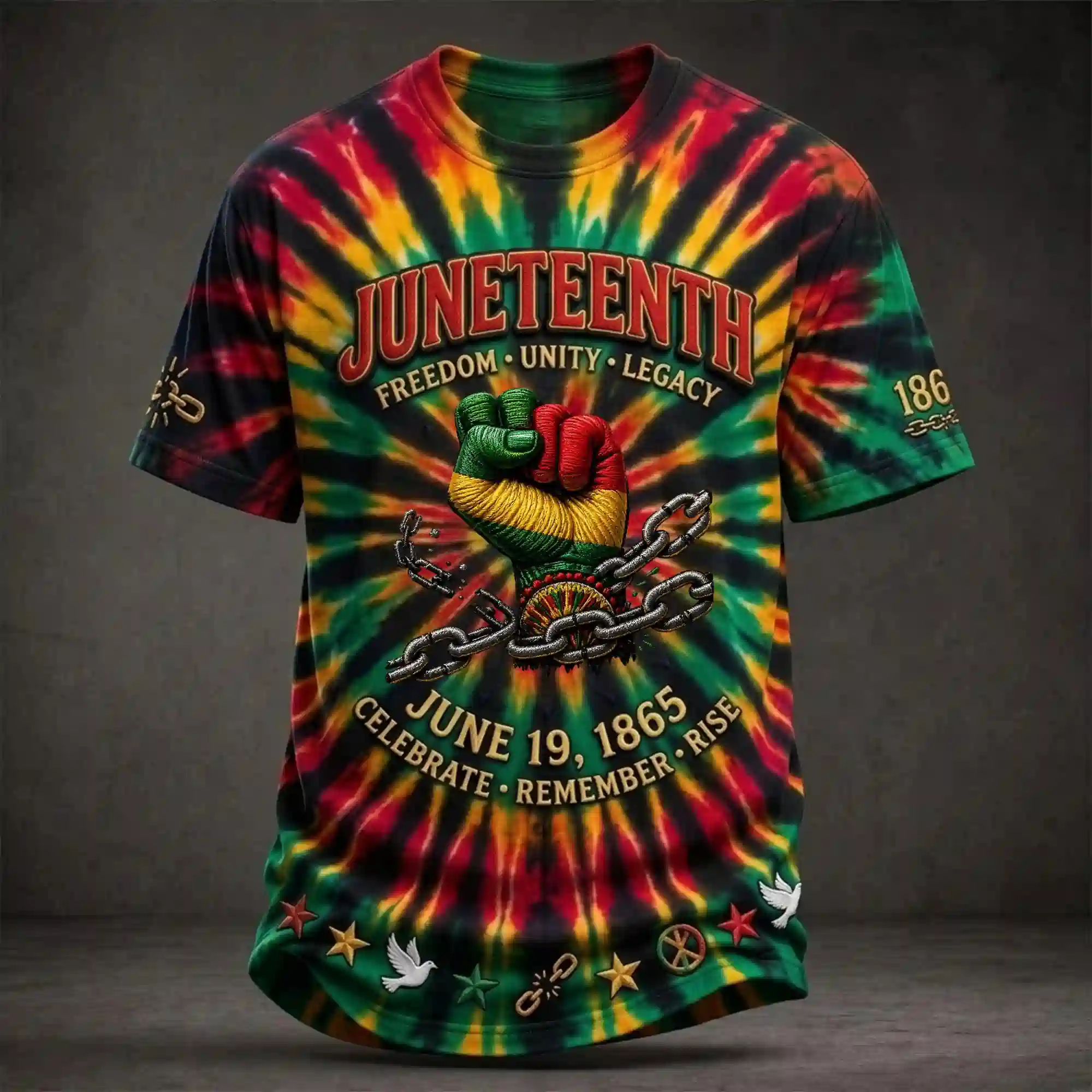 Juneteenth graphic t-shirt with a raised fist and broken chains on a tie-dye background