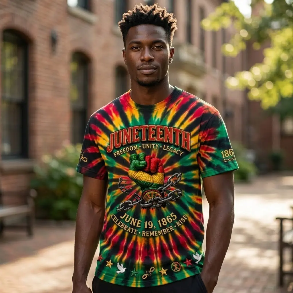 July 4th Juneteenth 1865 Because My Ancestors Weren't Free In Tie-Dye Shirt 3 A man wearing a Juneteenth tie-dye t-shirt with a raised fist and chain graphic.