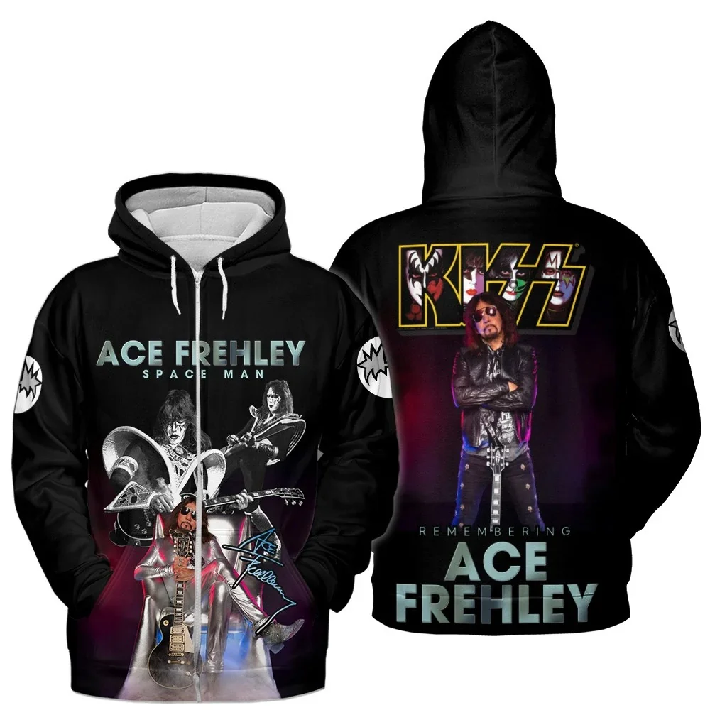 Kiss Band Ace Frehley Remembering Hoodie 3 Ace Frehley KISS zip-up hoodie featuring rock music graphics.