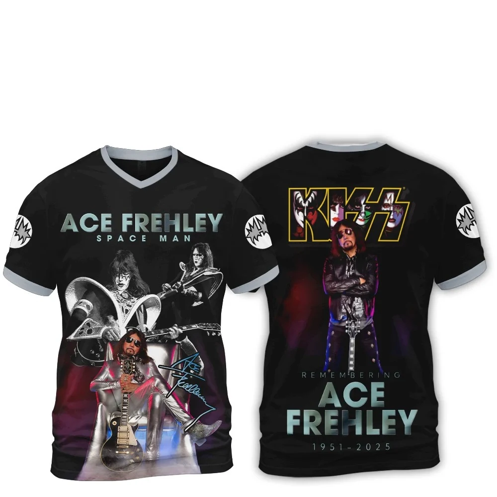 Kiss Band Ace Frehley Remembering Hoodie 4 Front and back views of an Ace Frehley graphic t-shirt