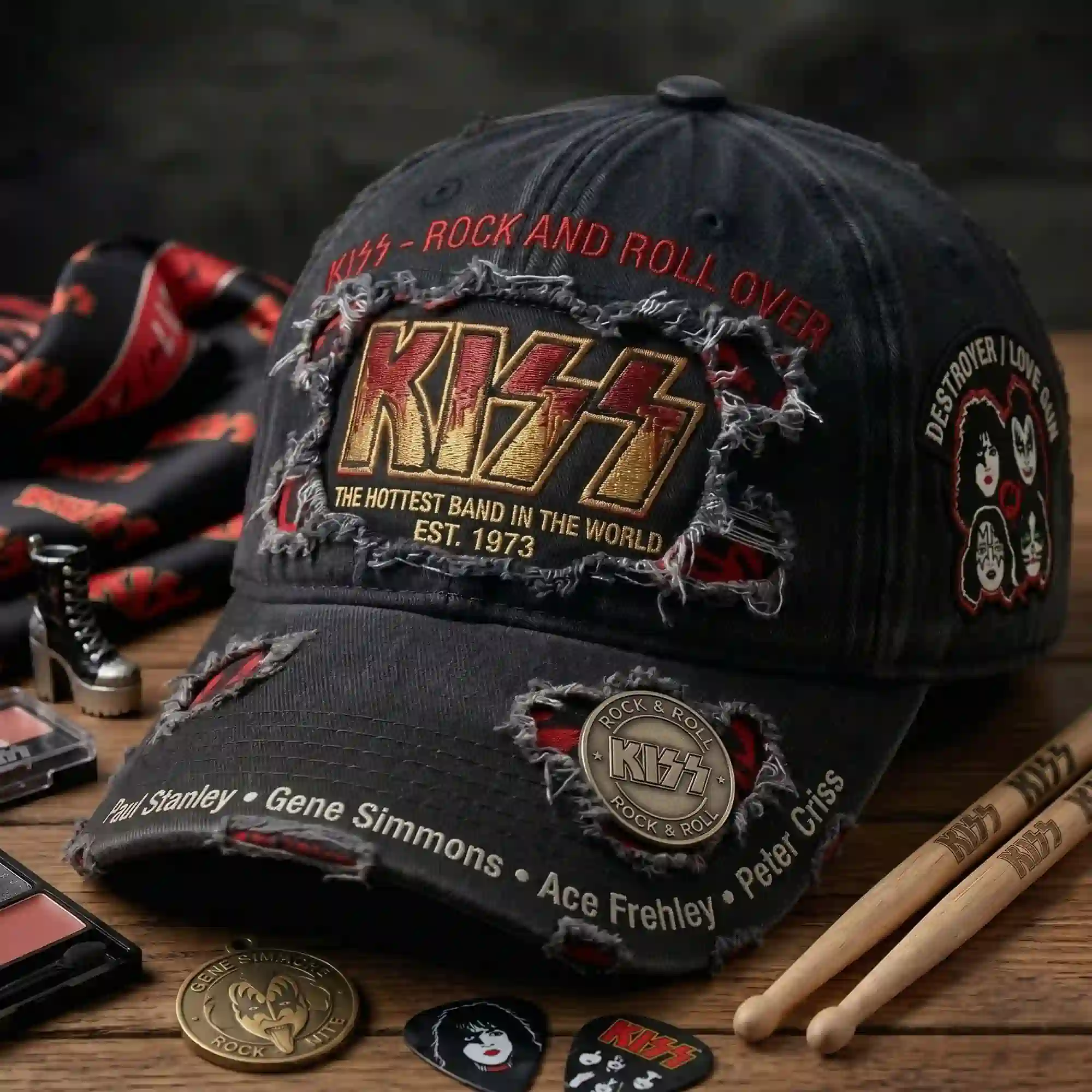Distressed black KISS band baseball cap with band member names and logos.