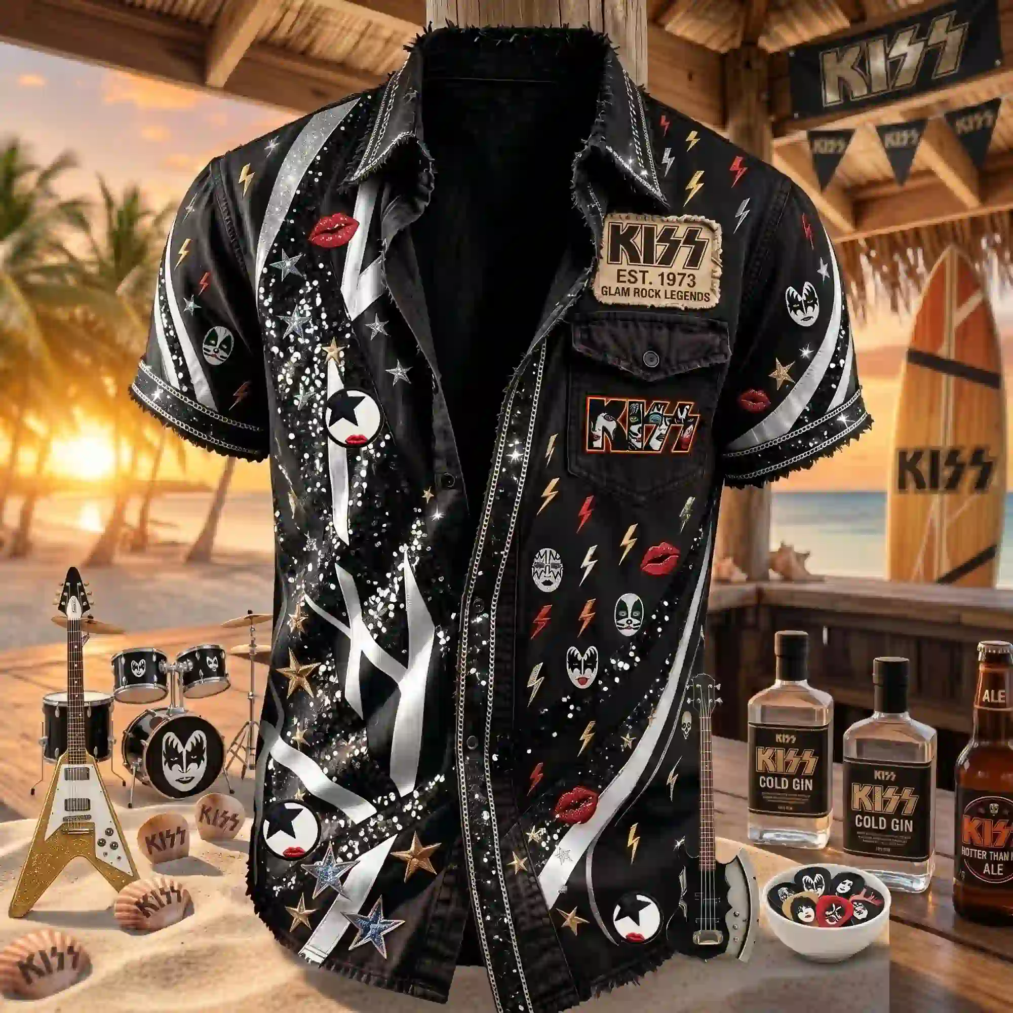 Black KISS band themed button-up shirt featuring glam rock graphics