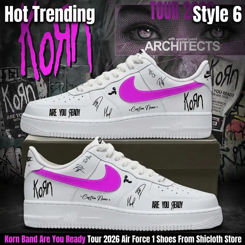 Custom Korn band Air Force 1 sneakers with pink swooshes and tour branding.