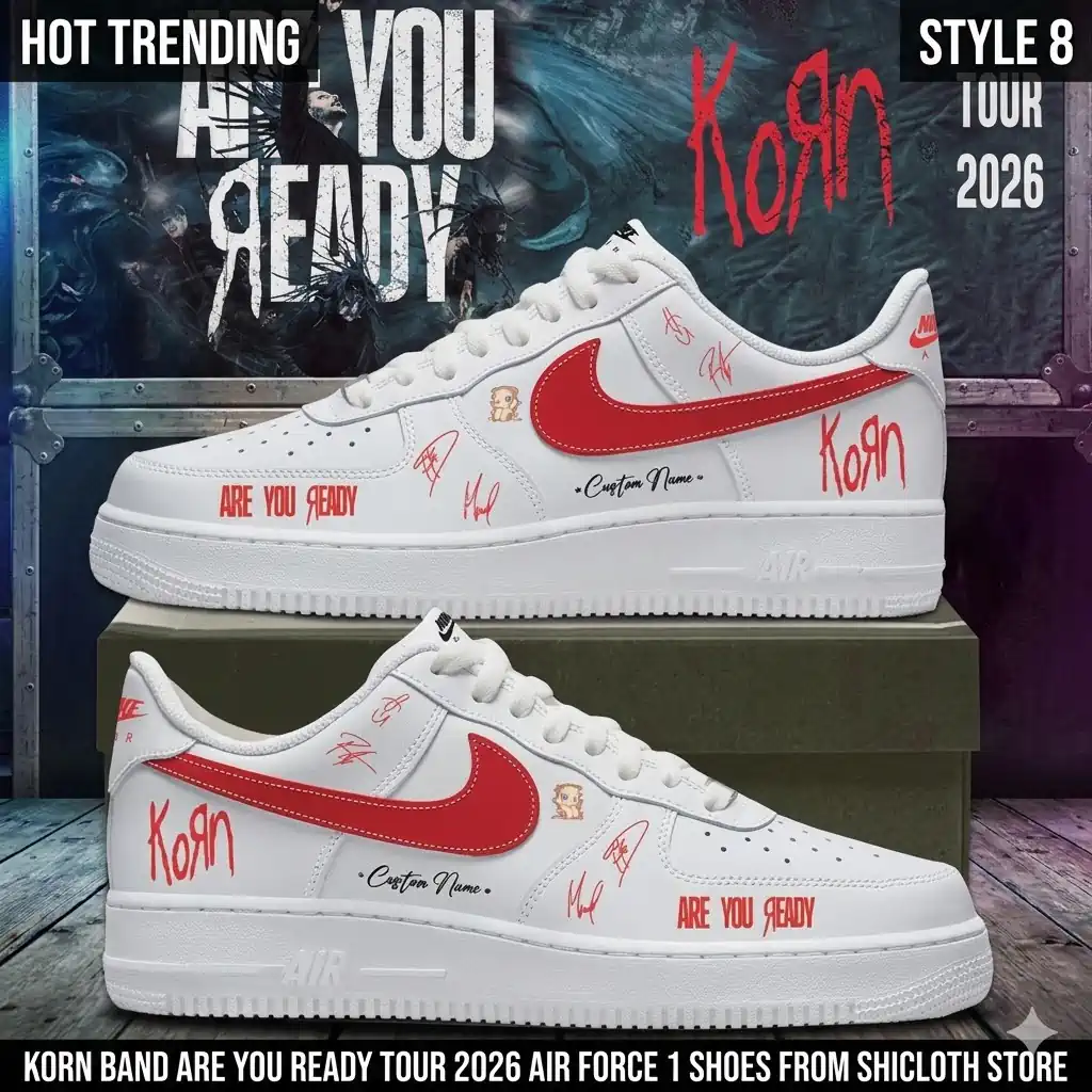 Korn Band Are You Ready Tour 2026 Air Force 1 Shoes 4 Custom Nike Air Force 1 sneakers featuring Korn band tour graphics and red accents.