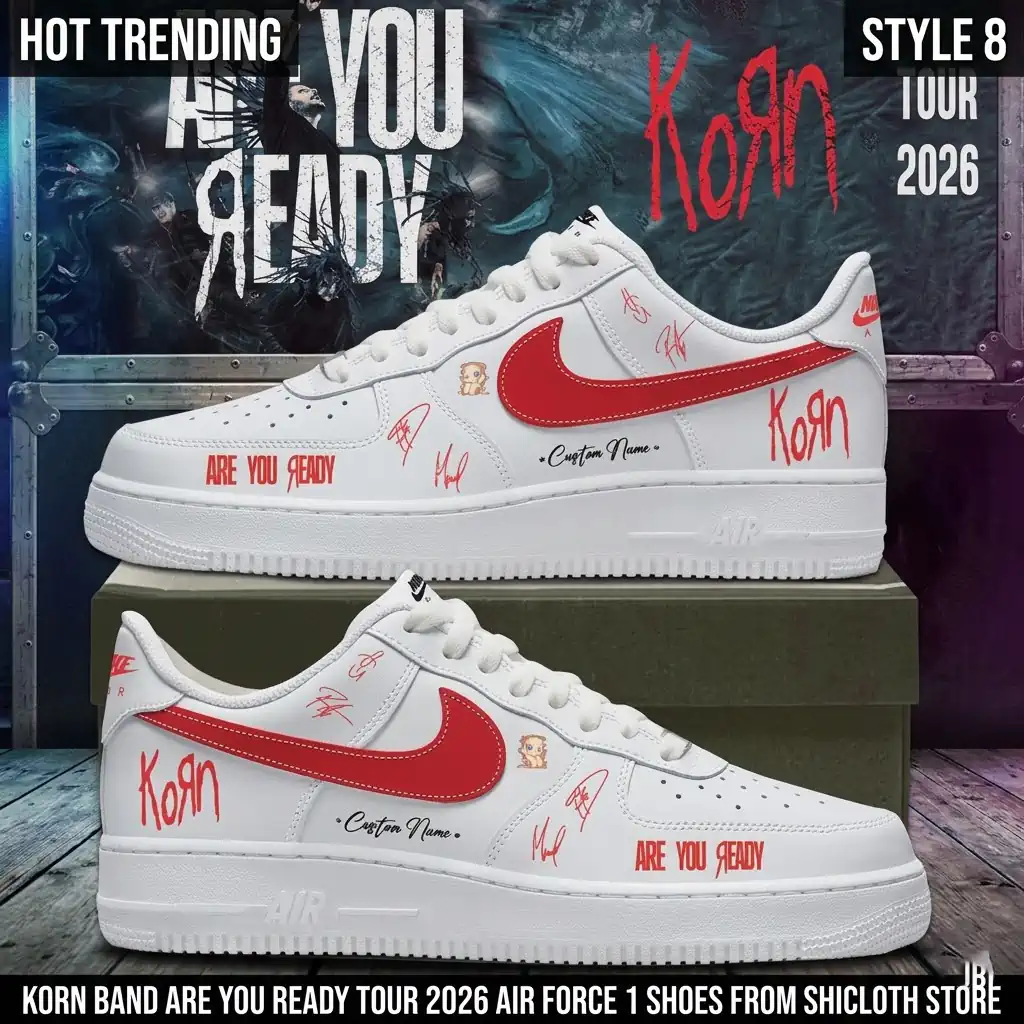 Korn Band Are You Ready Tour 2026 Air Force 1 Shoes 5 Custom Korn band themed white Nike Air Force 1 sneakers for the 2026 tour.