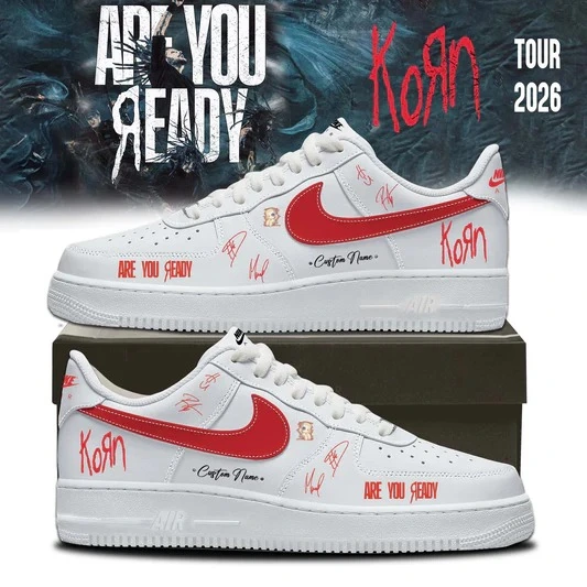 Korn Band Are You Ready Tour 2026 Air Force 1 Shoes 6 Custom Korn-themed white Nike Air Force 1 sneakers with red accents and tour branding