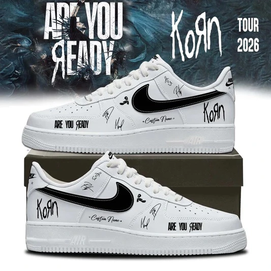 Korn Band Are You Ready Tour 2026 Air Force 1 Shoes 8 Custom Korn-themed white Nike sneakers with tour branding.