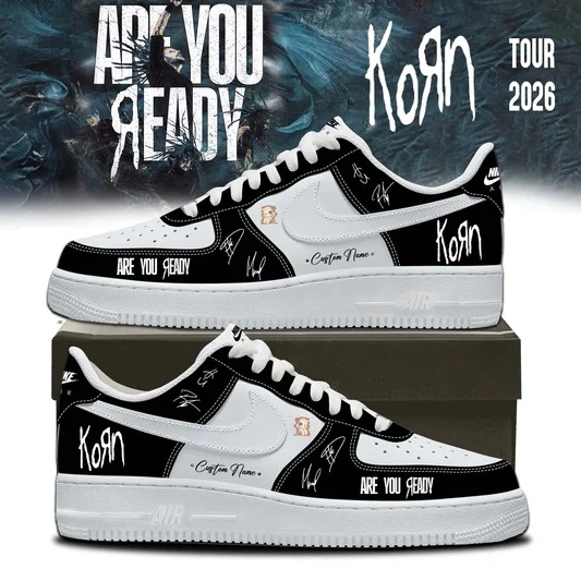 Korn Band Are You Ready Tour 2026 Air Force 1 Shoes 9 Custom Korn-themed black and white athletic sneakers with band branding.