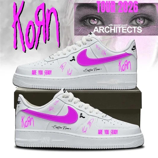 Korn Band Are You Ready Tour 2026 Air Force 1 Shoes 10 Custom Korn-themed Nike Air Force 1 sneakers with pink accents and band concert tour branding
