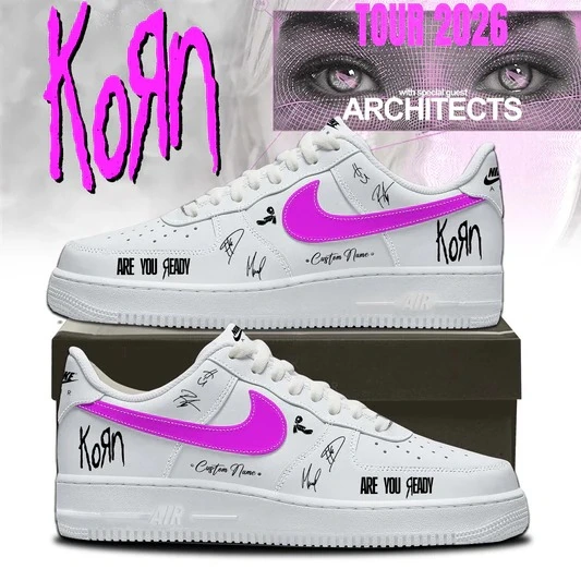 Korn Band Are You Ready Tour 2026 Air Force 1 Shoes 12 Custom Korn-themed white Nike sneakers with pink swoosh and tour 2026 graphics