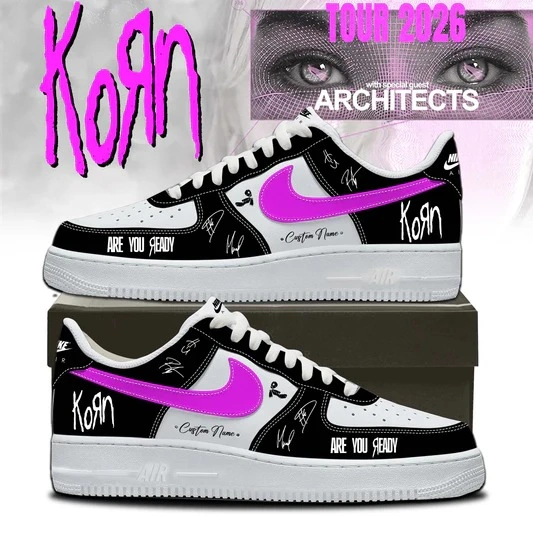 Korn Band Are You Ready Tour 2026 Air Force 1 Shoes 13 Custom Korn-themed Nike Air Force 1 sneakers with pink swoosh and tour branding.