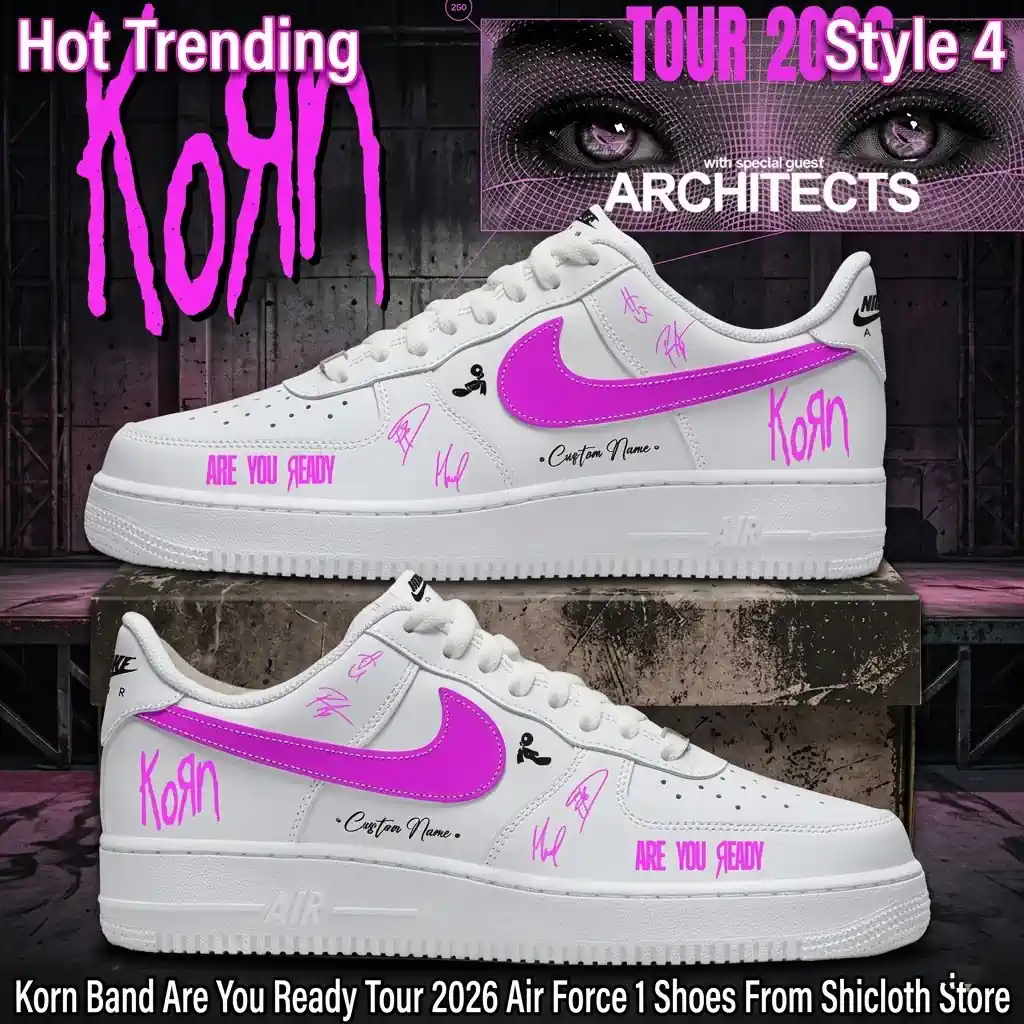 Korn Band Are You Ready Tour 2026 Air Force 1 Shoes 16 Custom Korn band-themed white sneakers with pink accents and Are You Ready text