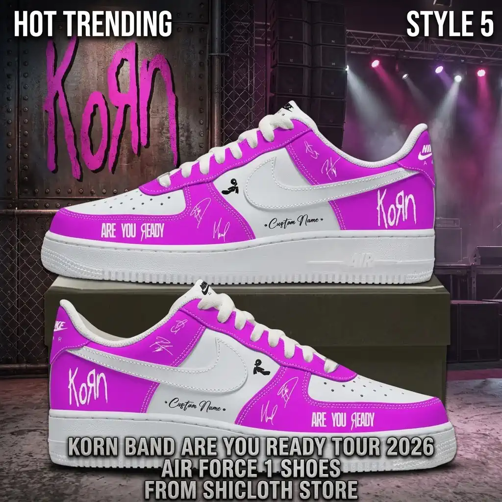 Korn Band Are You Ready Tour 2026 Air Force 1 Shoes 17 Custom Korn band themed sneakers with purple and white details.
