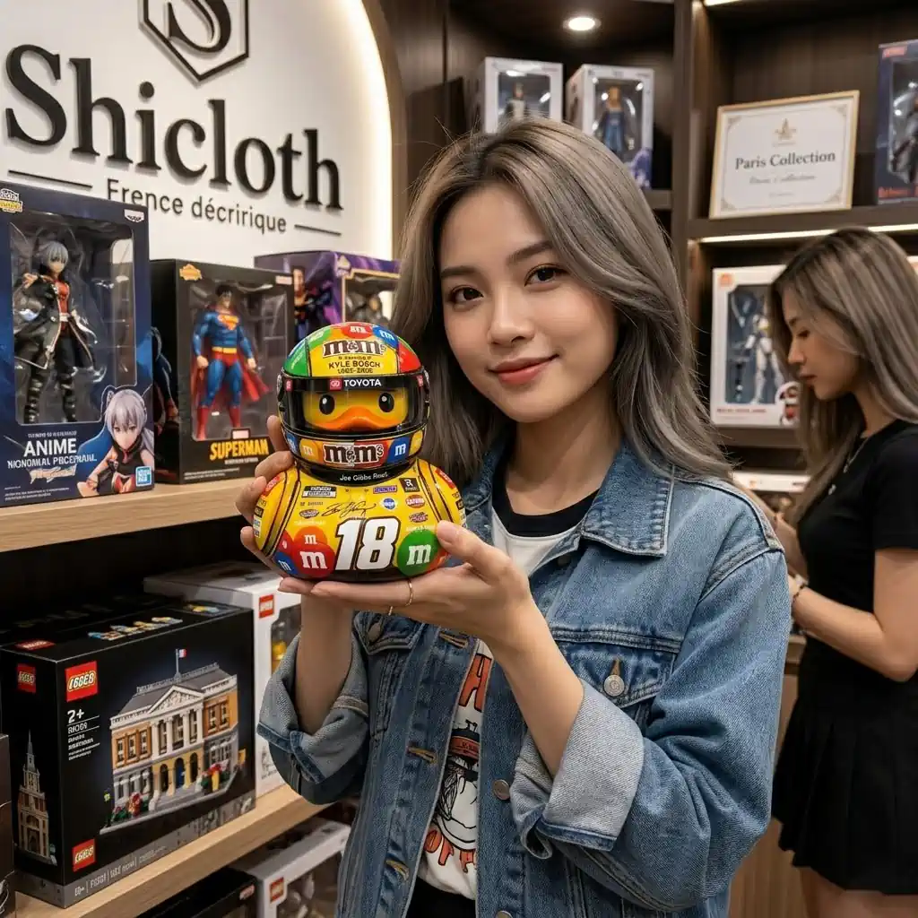 Woman holding an M&M NASCAR collectible duck in a hobby shop