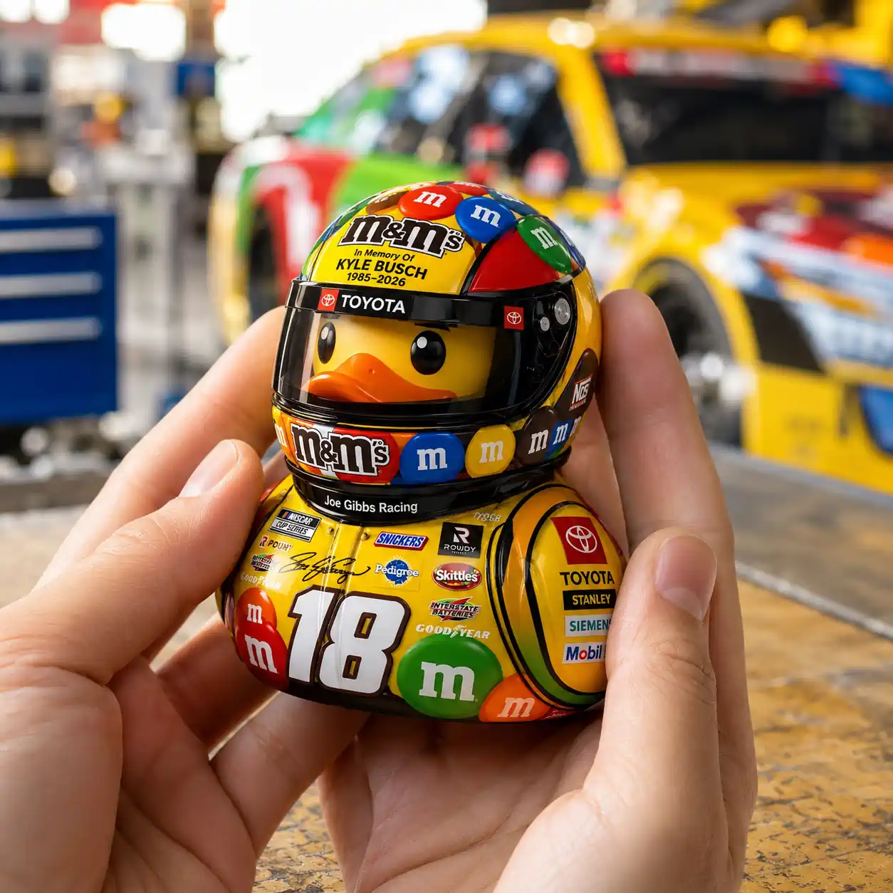 Kyle Busch M&M's racing themed rubber duck collectible held in hands