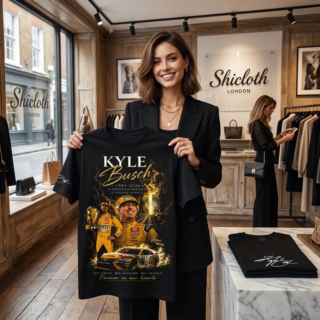 Woman holding a black Kyle Busch tribute t-shirt in a boutique