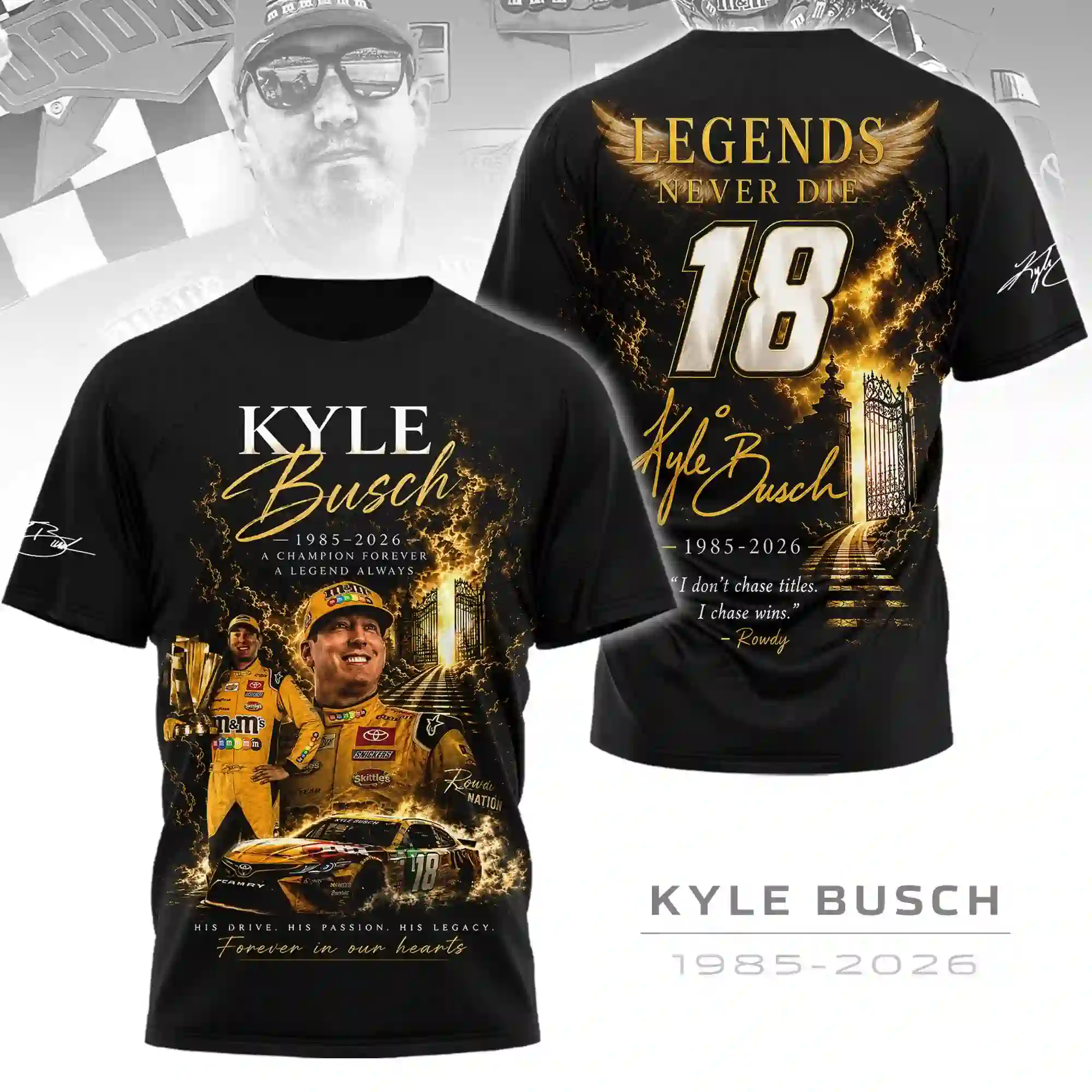 Kyle Busch commemorative black t-shirt design with number 18 and racing graphics