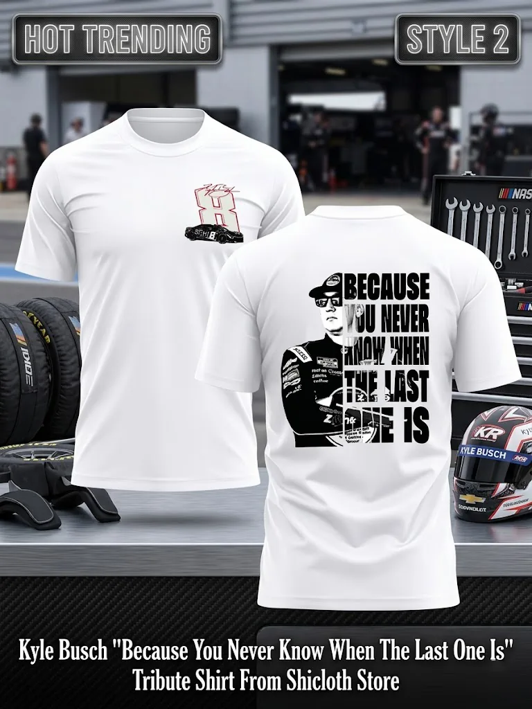 Kyle Busch tribute t-shirt with signature and racing graphics on white fabric