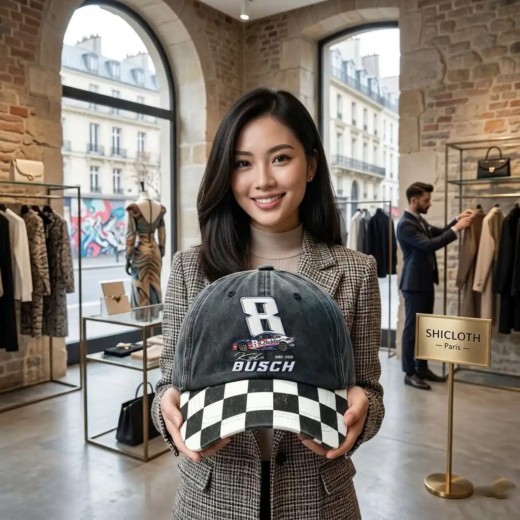 Woman holding a vintage-wash NASCAR driver hat with a checkered brim