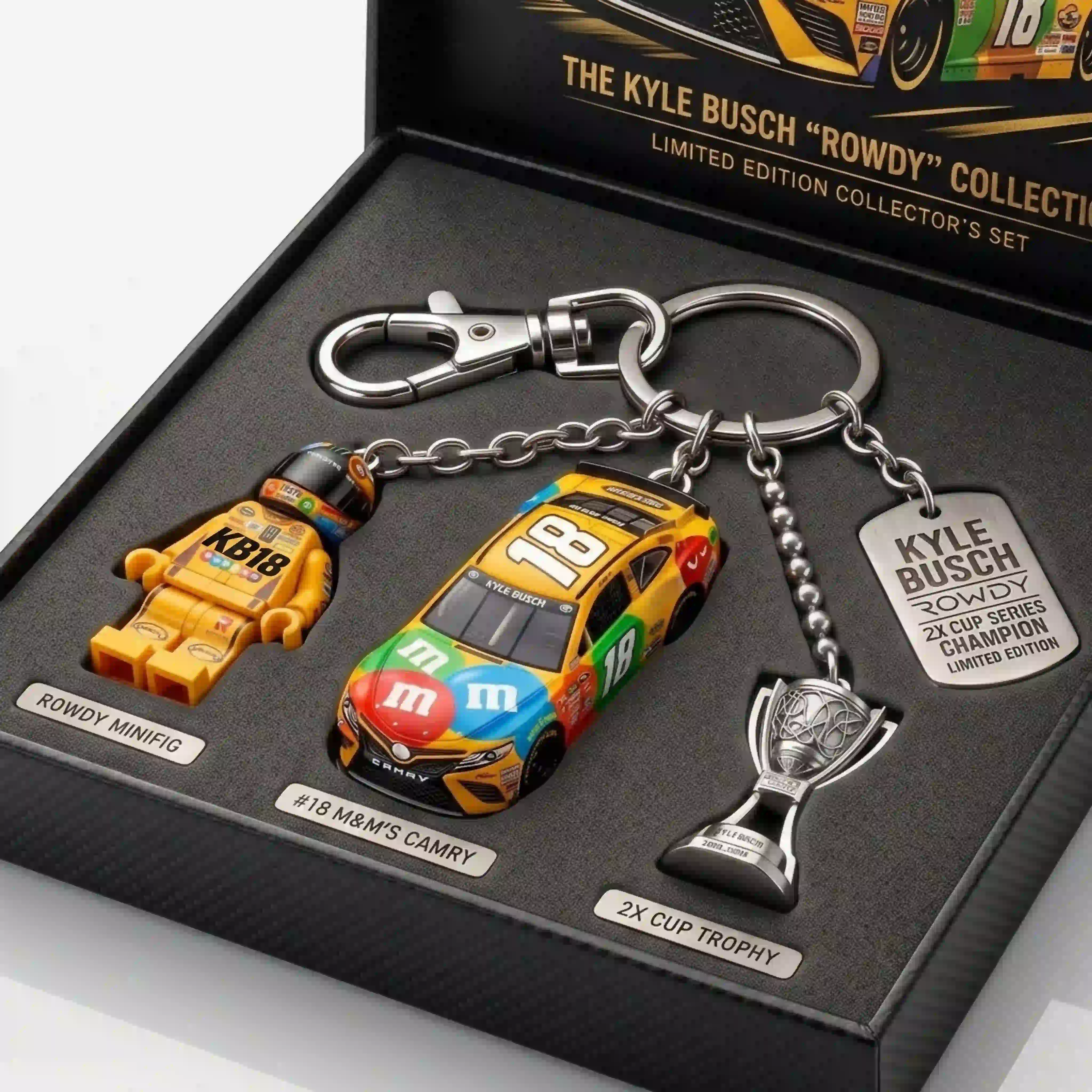 Kyle Busch Rowdy limited edition keychain collector set featuring a race car, minifigure, and trophy.