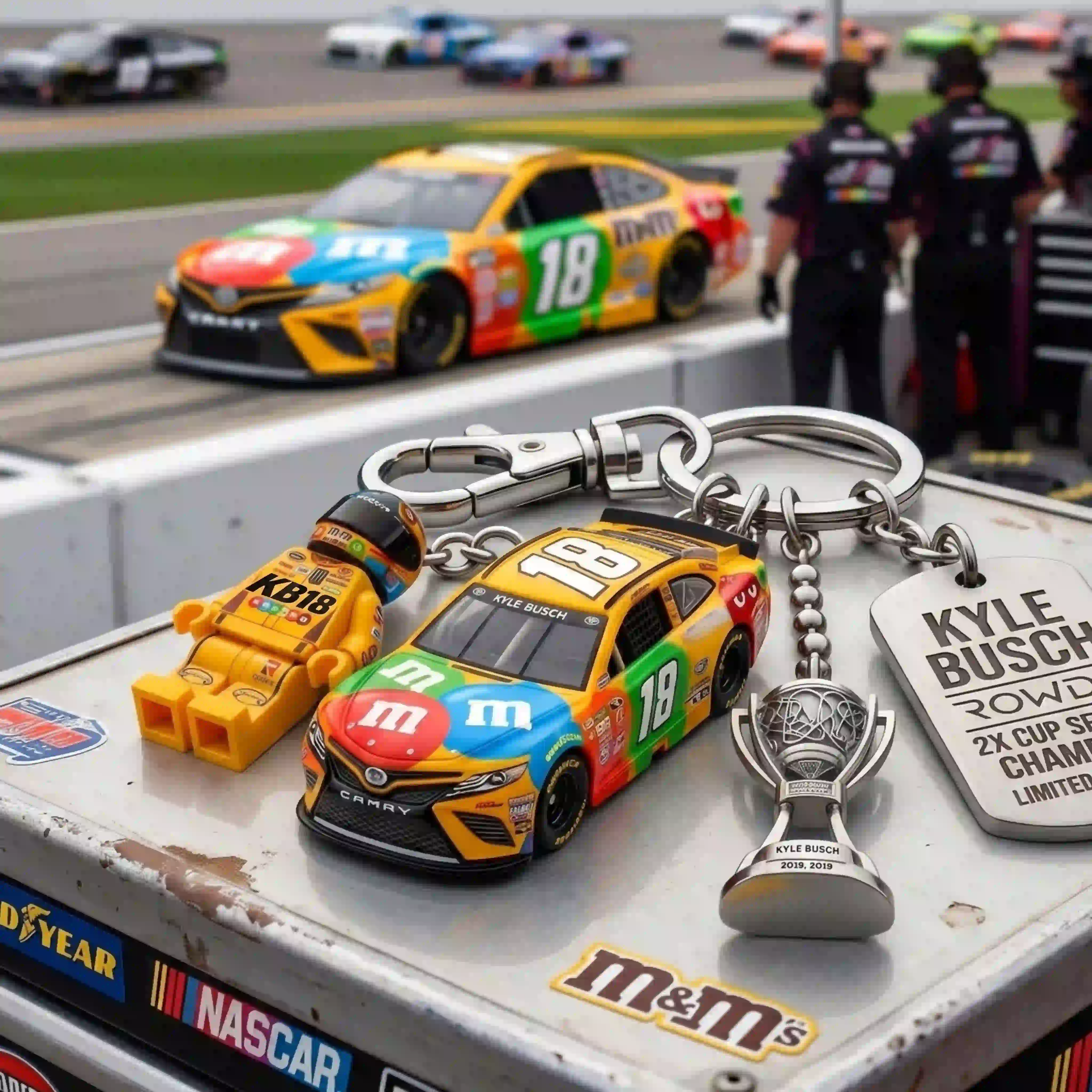 Kyle Busch “Rowdy” #18 M&M’s Championship Collector Keychain Set 3 Kyle Busch M&M's NASCAR Toyota Camry die-cast keychain set