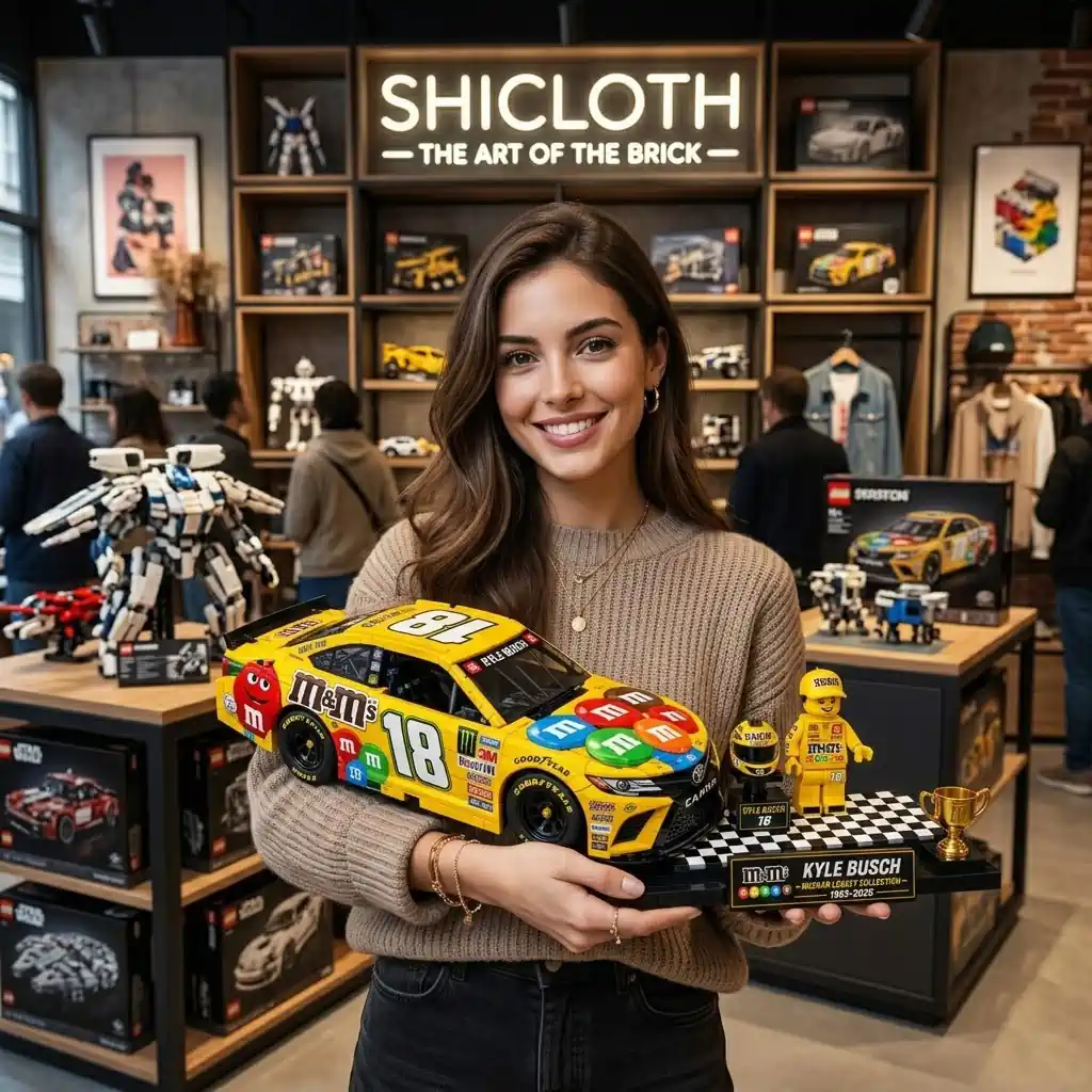 A woman holding a detailed yellow M&Ms NASCAR race car brick model at a hobby store.