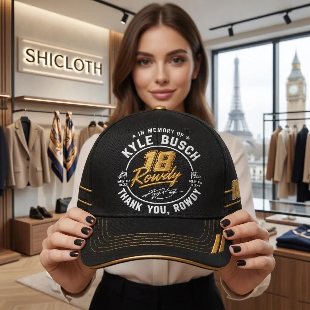 Woman holding a commemorative black and gold Kyle Busch racing cap