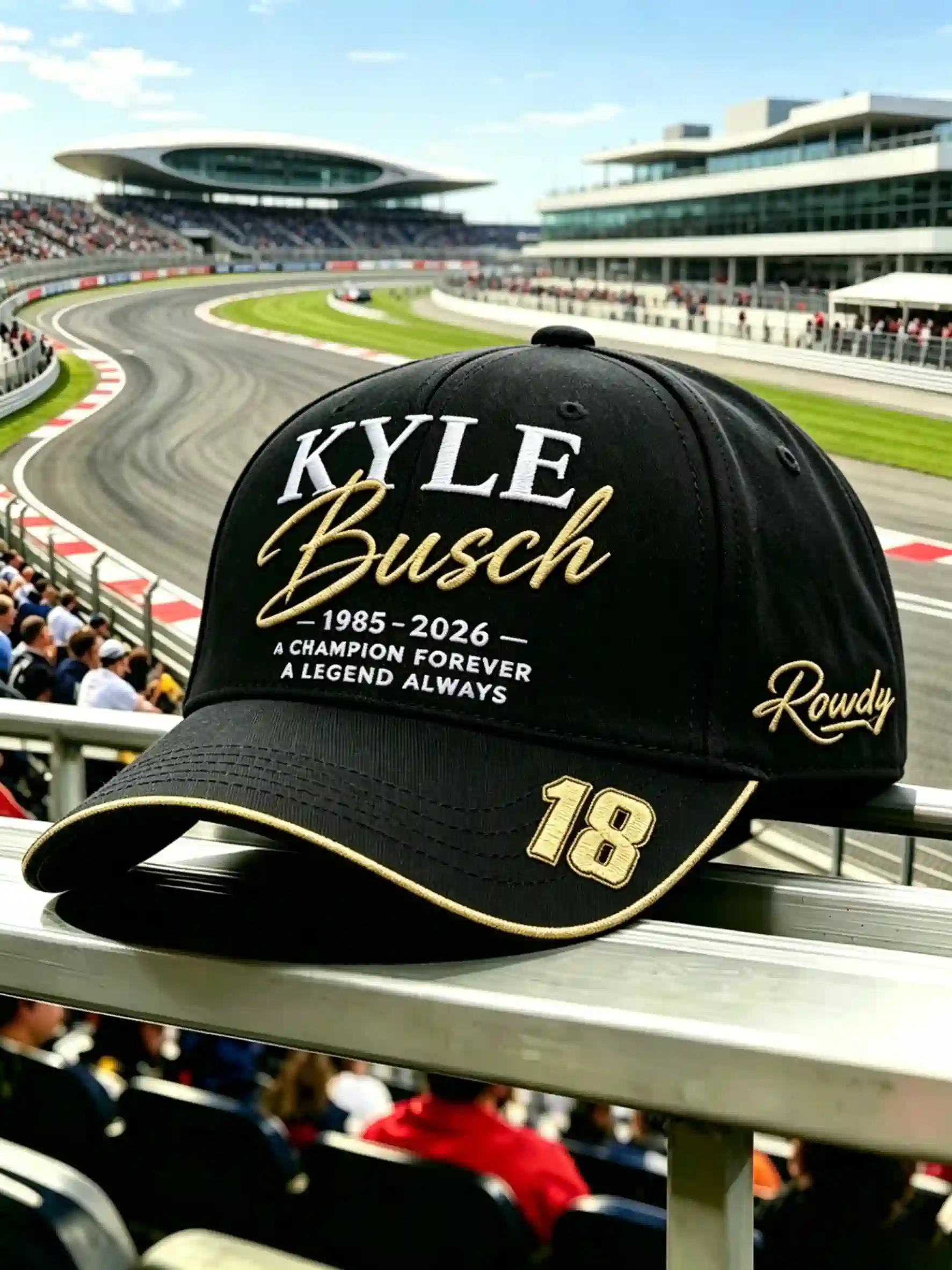 Kyle Busch commemorative NASCAR cap at a racetrack