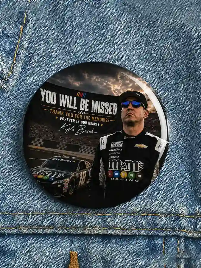Kyle Busch commemorative NASCAR button on denim fabric