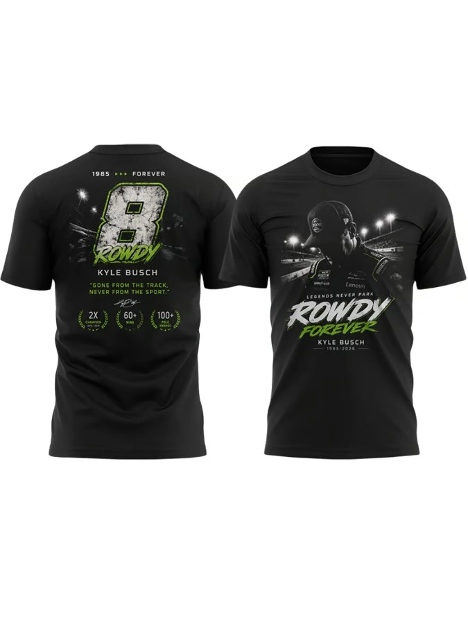 Kyle Busch The Last Lap Of A Legend Tribute Shirt 6 Front and back views of a black Kyle Busch tribute t-shirt with racing graphics