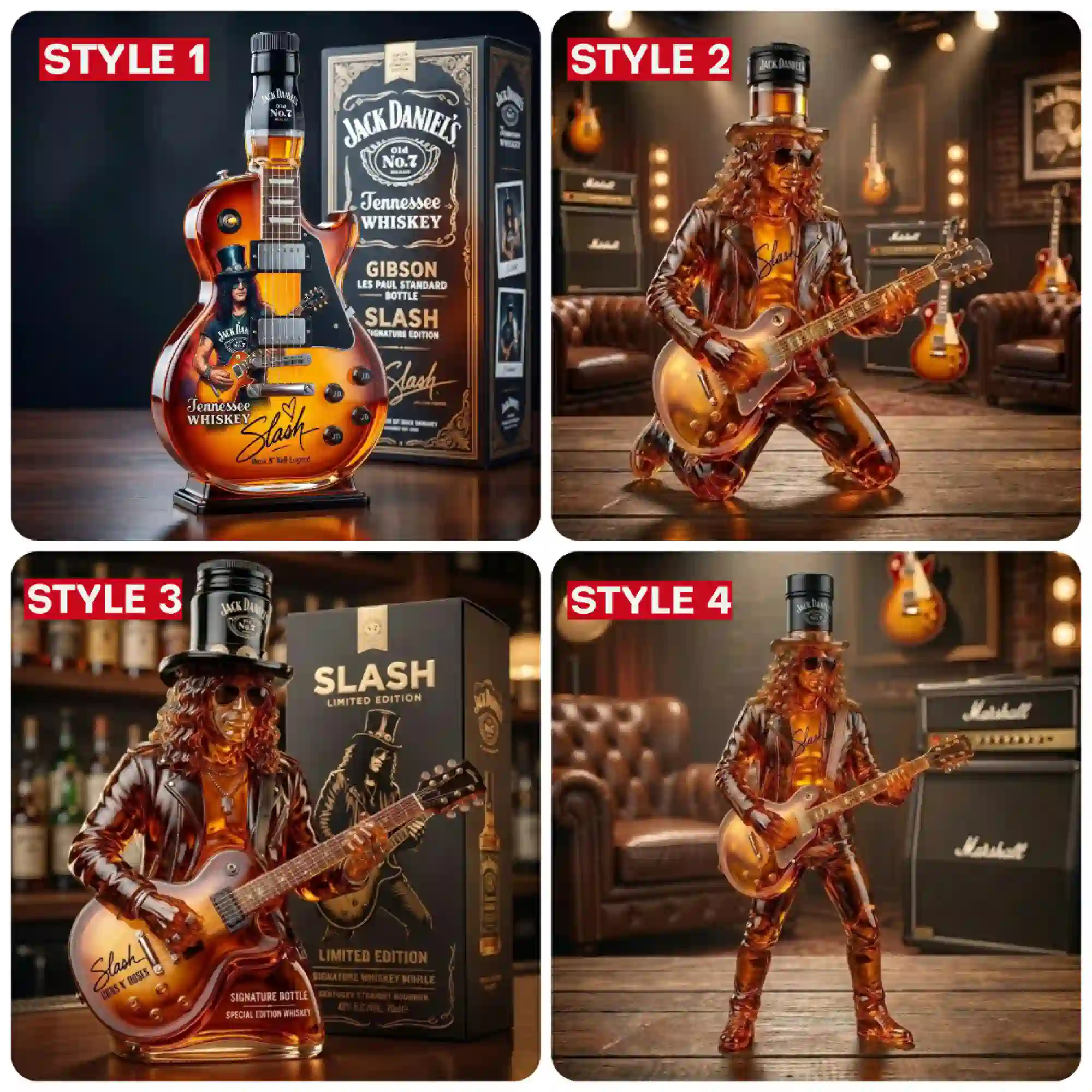 Four variations of a Slash signature edition Jack Daniel's whiskey bottle shaped like a guitar and rock musician.