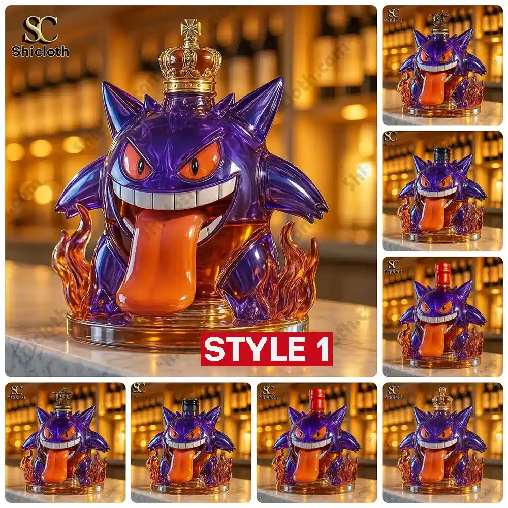 Collection of purple monster whiskey bottle styles with different cap designs!