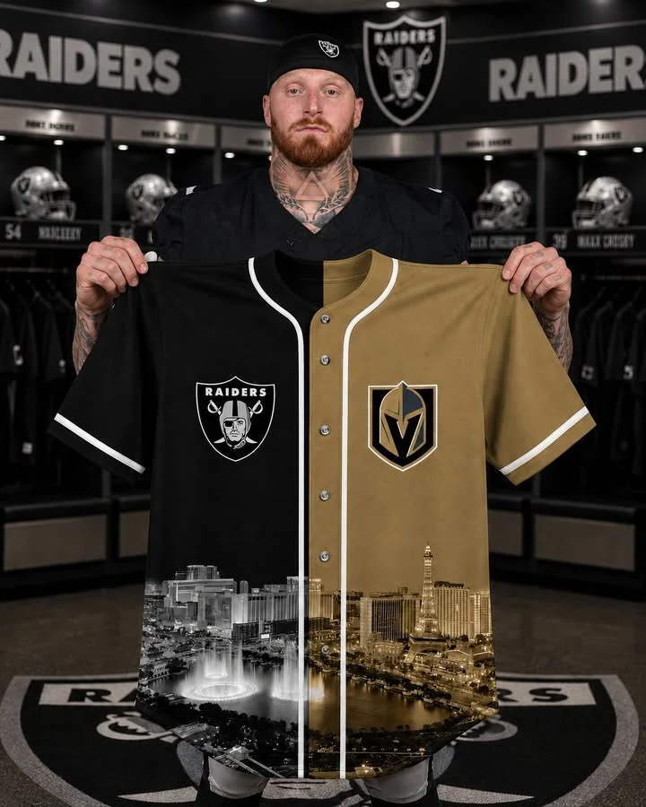 Maxx Crosby holding a split-design Las Vegas Raiders and Golden Knights baseball jersey.