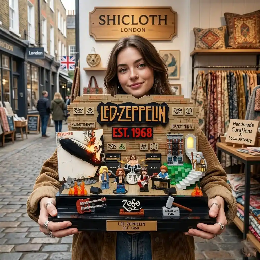 Woman holding Led Zeppelin brick stage set outside Shicloth London shop!