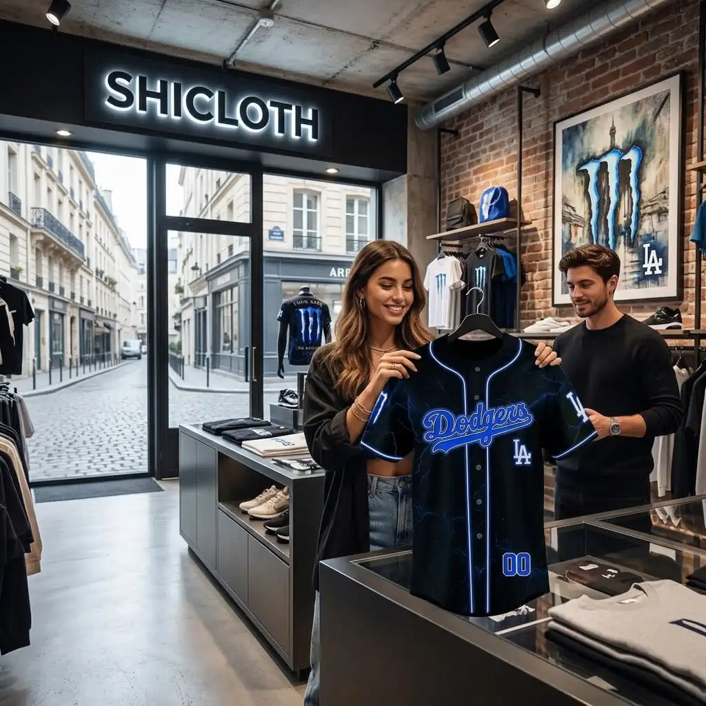Woman holding a custom neon blue Los Angeles Dodgers baseball jersey in a modern retail boutique.